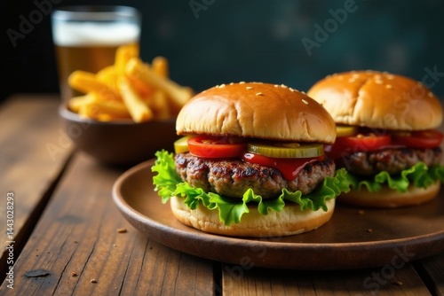 Juicy grilled beef patties nestled in soft buns, layered with crisp lettuce, ripe tomatoes, and tangy pickles, served alongside golden-brown french fries and a refreshing cold beverage.