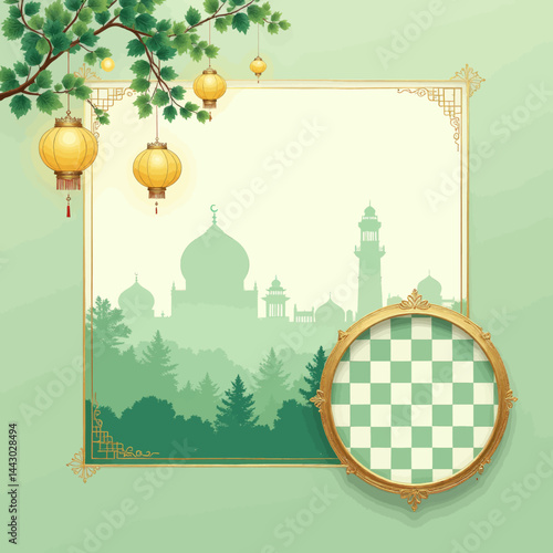 Obraz na płótnie Islamic Frame with Lanterns, Mosque Silhouette, and Chessboard w salonie