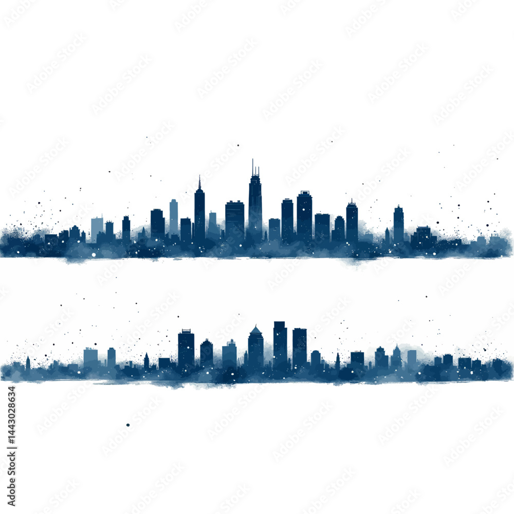 Indigo Cityscape Silhouettes with Splatter Effect