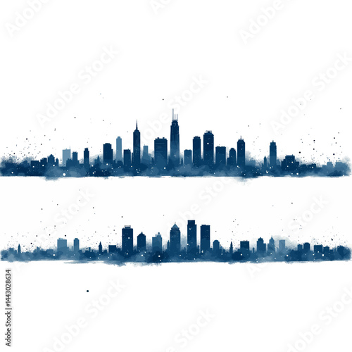 Obraz na płótnie Indigo Cityscape Silhouettes with Splatter Effect w salonie