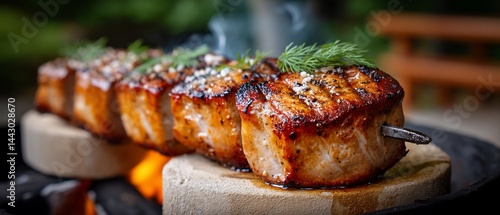 Grilled pork medallions sizzling with herbs and spices