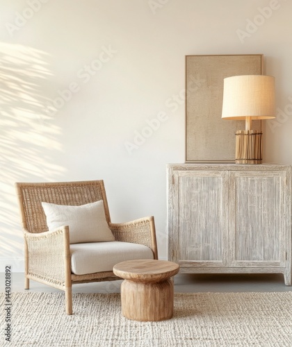 Beige Rattan Chair And White Wooden Cabinet In A Light And Airy Room