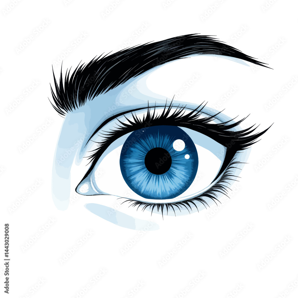 Illustration of a striking blue eye with long lashes