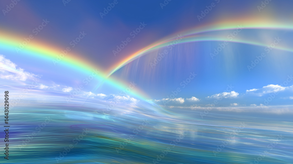 Double rainbow arching over tranquil ocean waves beneath a radiant blue sky and drifting clouds Double rainbow arching over tranquil ocean waves beneath a radiant blue sky and drifting clouds
