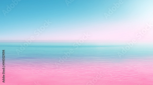 Tranquil pink beach shoreline meeting clear turquoise water under soft pastel sky horizon