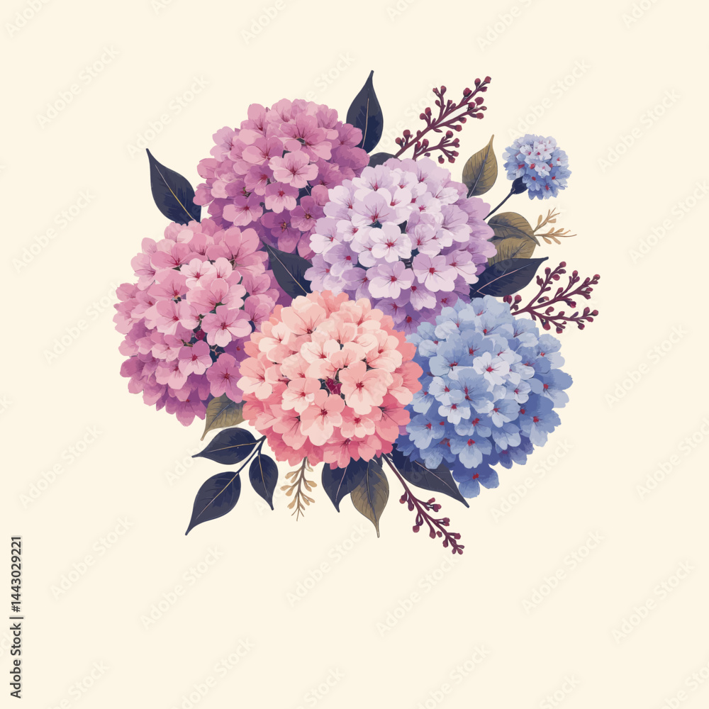 Hydrangea bouquet with pink, lavender, and blue blossoms