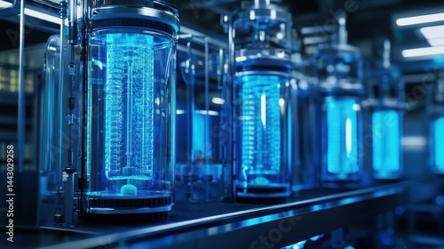 Futuristic bioreactor facility with glowing cylindrical containers.