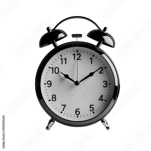 Classic black analog alarm clock isolated on white. Retro design, great for illustrating time, punctuality, and morning routine themes