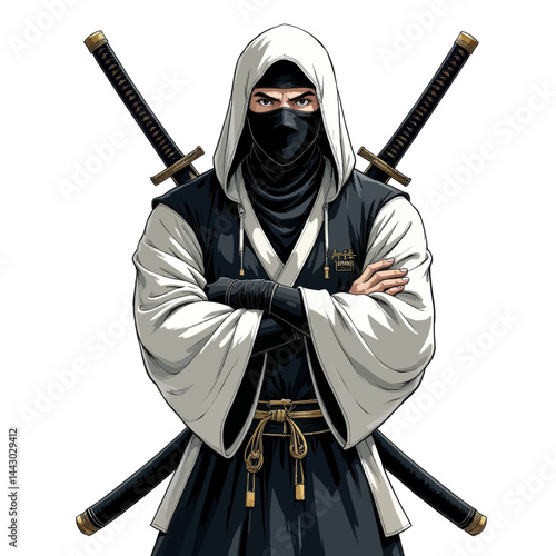 Obraz na płótnie Hooded ninja with crossed arms and dual katanas w salonie