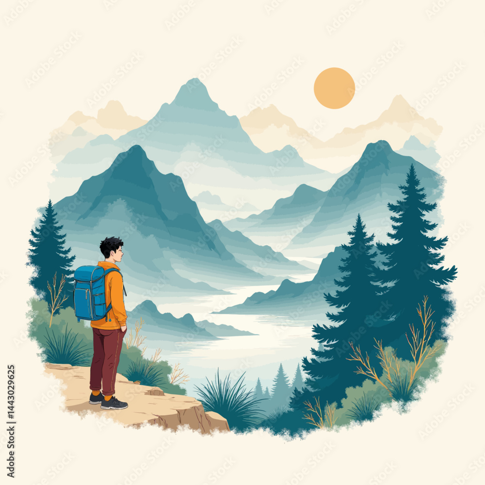 Hiker Gazing at Blue Mountain Vista with Rising Sun