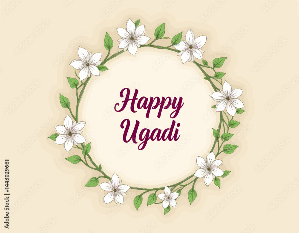 Happy Ugadi floral wreath on beige background