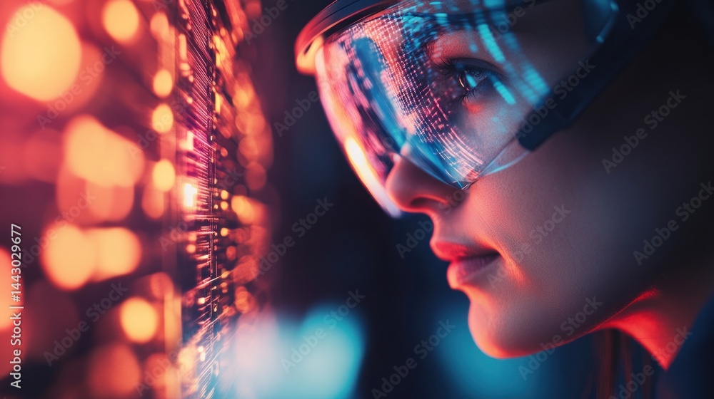 Woman immersed in virtual reality with advanced technology display