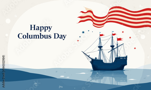 Happy Columbus Day with ship and American flag graphic