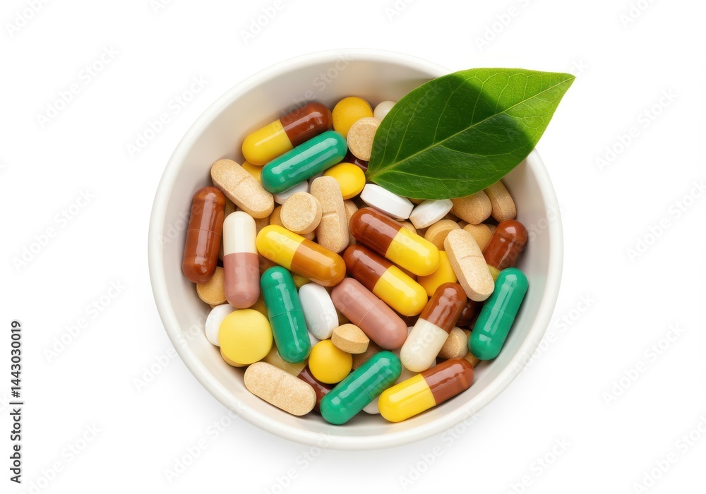 Pills and leaf in bowl isolated on white background Pills and leaf in bowl isolated on white background