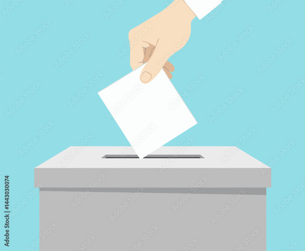 Hand casting vote in ballot box, light blue background