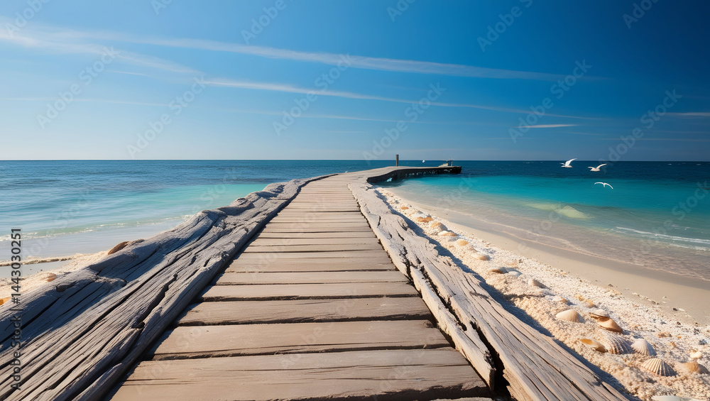 Fototapeta premium Rustic Wooden Walkway on Tranquil Sandy Beach with Distant Seabirds. Coastal Serenity Photography