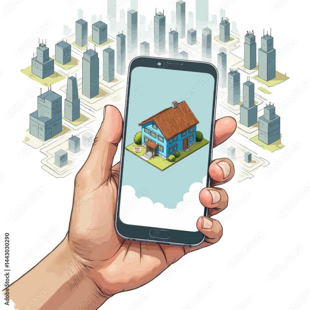 Hand Holding Phone Showing House for Sale in Cityscape