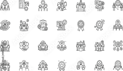 Core values line icon set. Vector pictograms of principles, business ethics, teamwork, leadership, diversity, integrity, trust, innovation