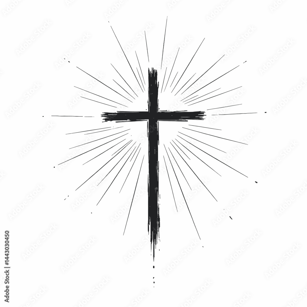 Grunge Black Cross with Radiating Lines on White