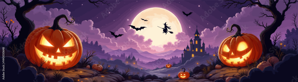 Halloween Night: Pumpkins, Witch, Bats, and Castle