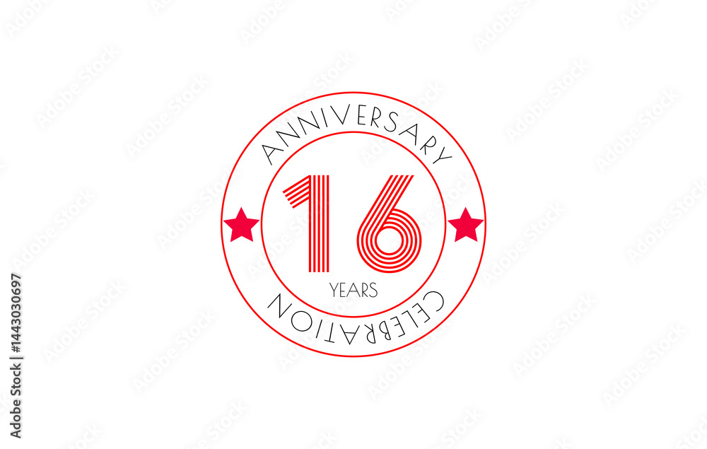 16 years anniversary celebration with red circular design and stars, for promotional materials and company milestone recognition. 16 years anniversary celebration with red circular design and stars, for promotional materials and company milestone recognition.
