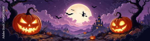 Obraz na płótnie Halloween Night: Pumpkins, Witch, Bats, and Castle w salonie