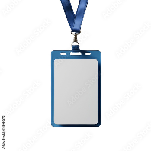Blank ID badge with blue lanyard on white background, perfect for corporate identity, conferences, or security use