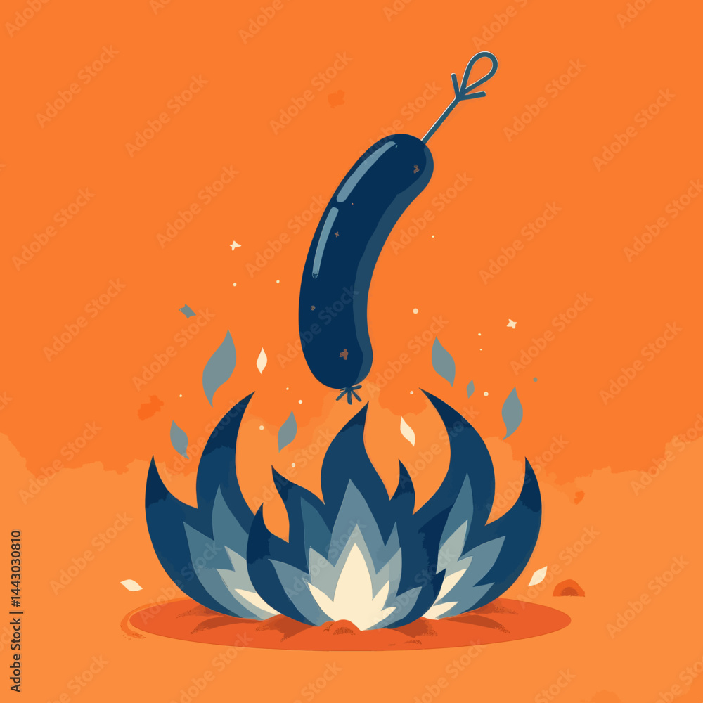Grilled Sausage Skewer over Blue Flames on Orange