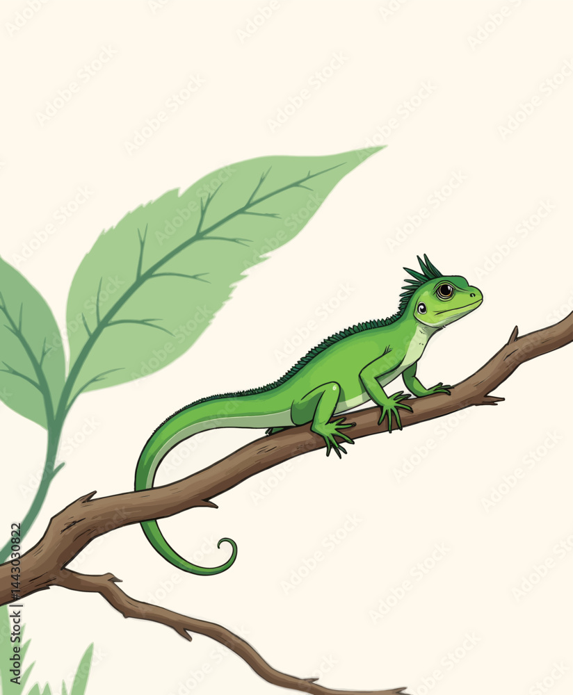 Green Water Dragon Lizard on Branch Illustration