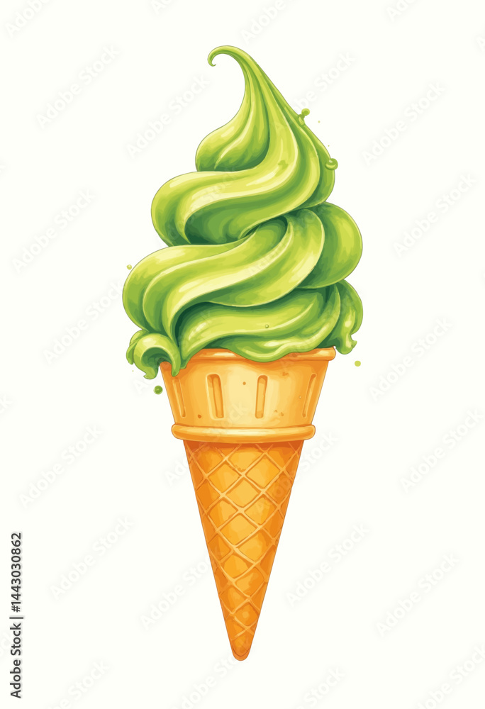 Green Matcha Soft Serve Ice Cream Cone Illustration