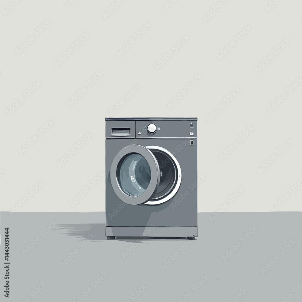Gray washing machine with open door on gray background