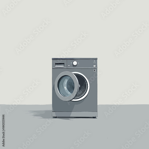 Gray washing machine with open door on gray background