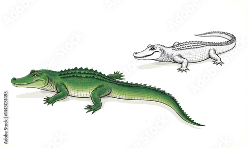 Green and Line Art Alligators on White Background