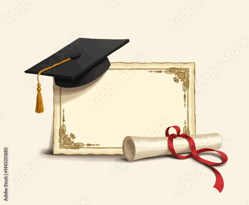 Obraz na płótnie Graduation Cap, Diploma, and Scroll with Red Ribbon w salonie
