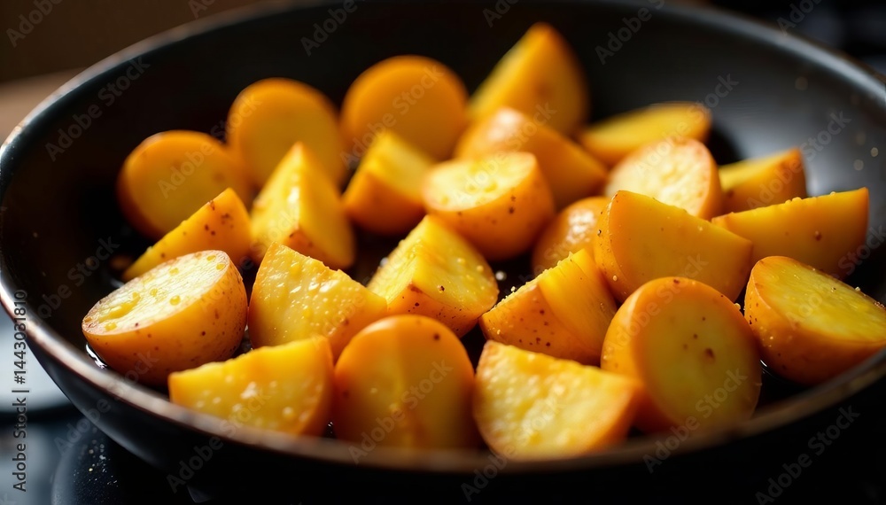 Golden quartered Yukon gold potatoes sizzling in a frying pan, golden, food, Yukon gold Golden quartered Yukon gold potatoes sizzling in a frying pan, golden, food, Yukon gold