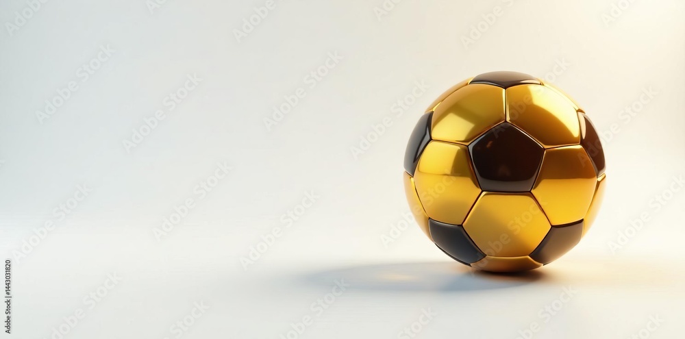 Fototapeta premium Golden soccer ball with reflection on white backdrop, realistic, vivid, metallic