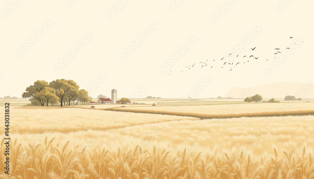 Golden wheat field with farm buildings and flock of birds