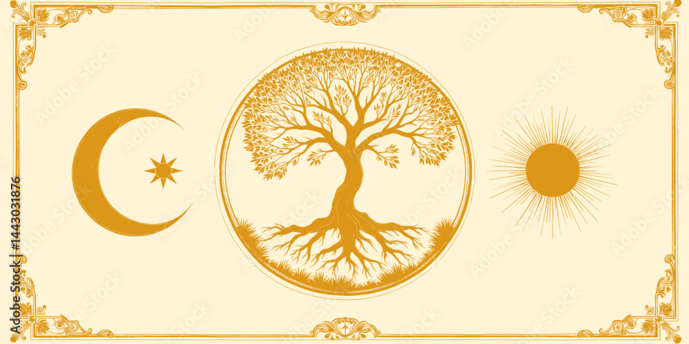 Golden Tree of Life, Sun, Moon, and Star Art Nouveau Frame