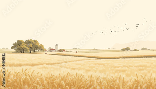 Obraz na płótnie Golden wheat field with farm buildings and flock of birds w salonie