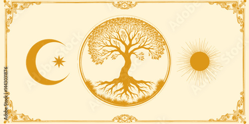 Obraz na płótnie Golden Tree of Life, Sun, Moon, and Star Art Nouveau Frame w salonie