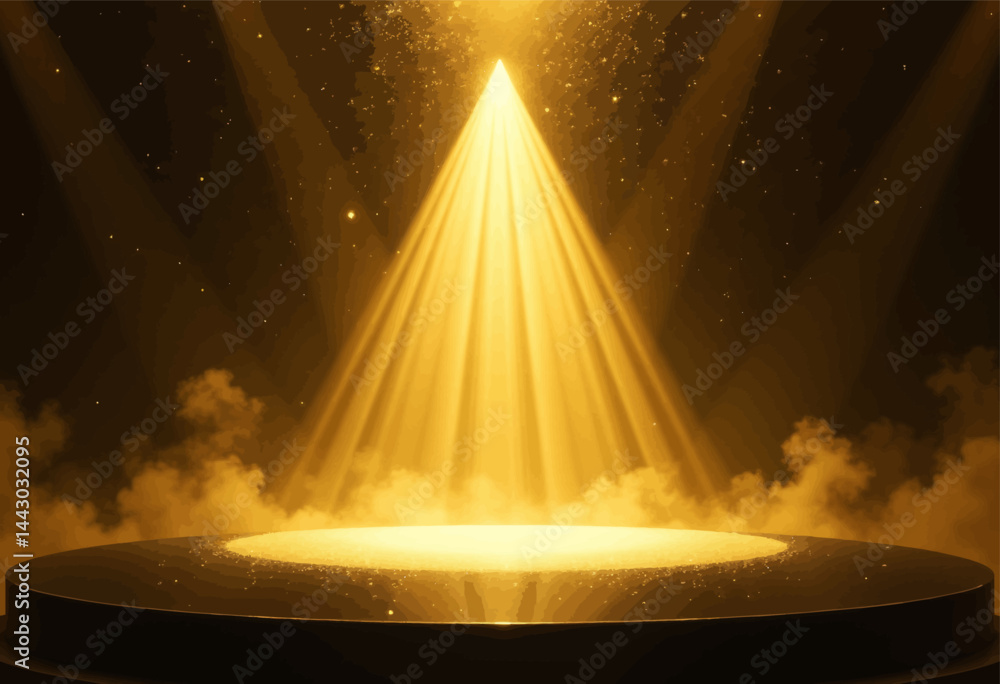 Golden Spotlight Illuminating Round Stage with Smoke