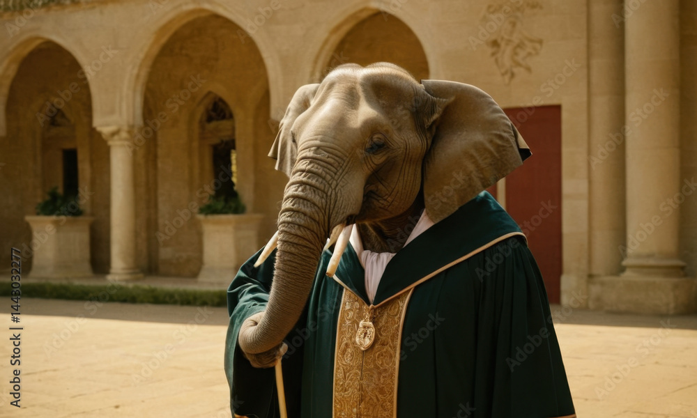 An elephant celebrating its academic achievement with a graduation robe and stick