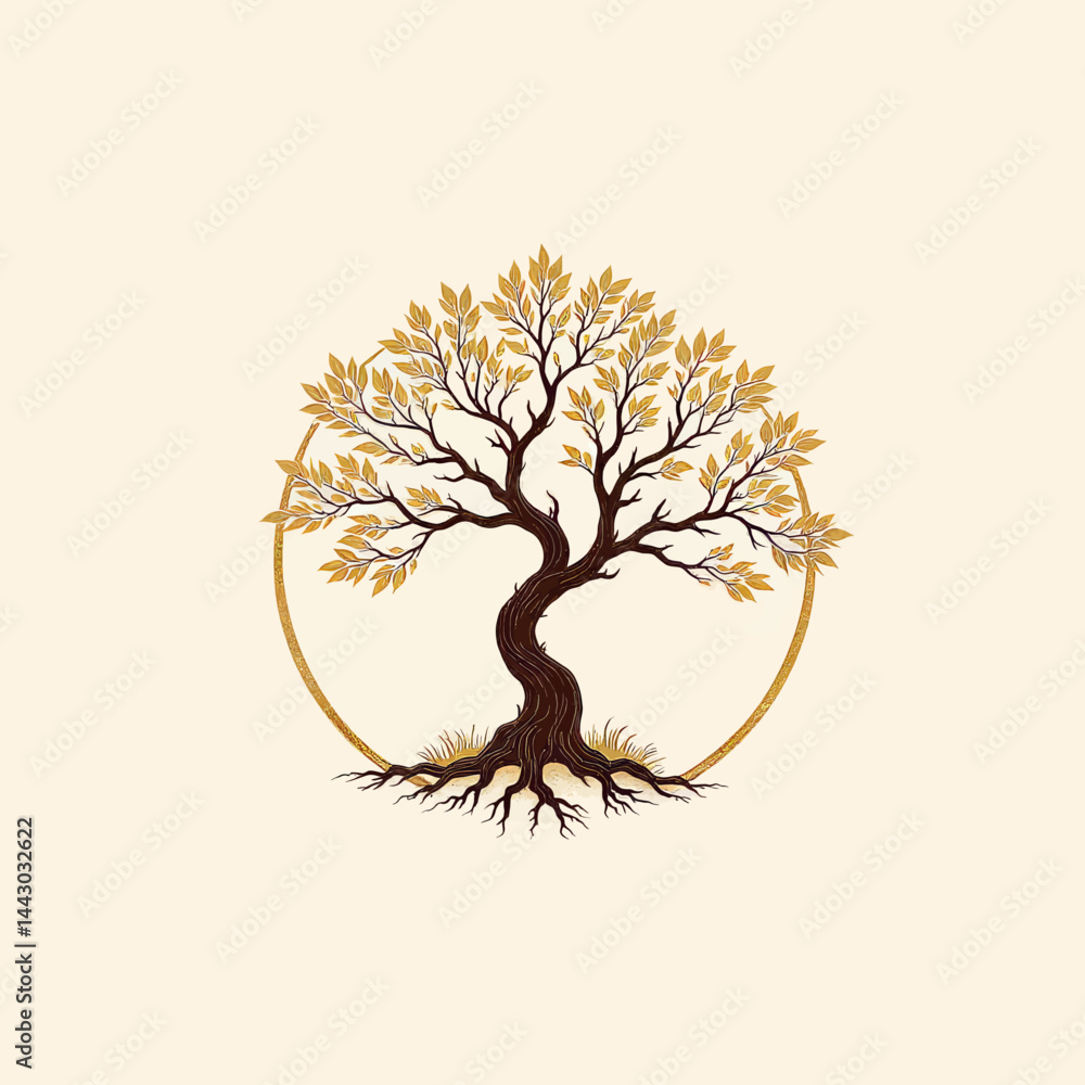 Golden Leaf Tree with Roots in Circle Frame
