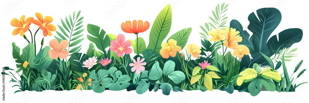 Set of a various flowers and plants growing in the garden, with green leaves, isolated on transparent background. Set of a various flowers and plants growing in the garden, with green leaves, isolated on transparent background.