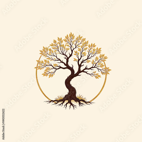 Obraz na płótnie Golden Leaf Tree with Roots in Circle Frame w salonie
