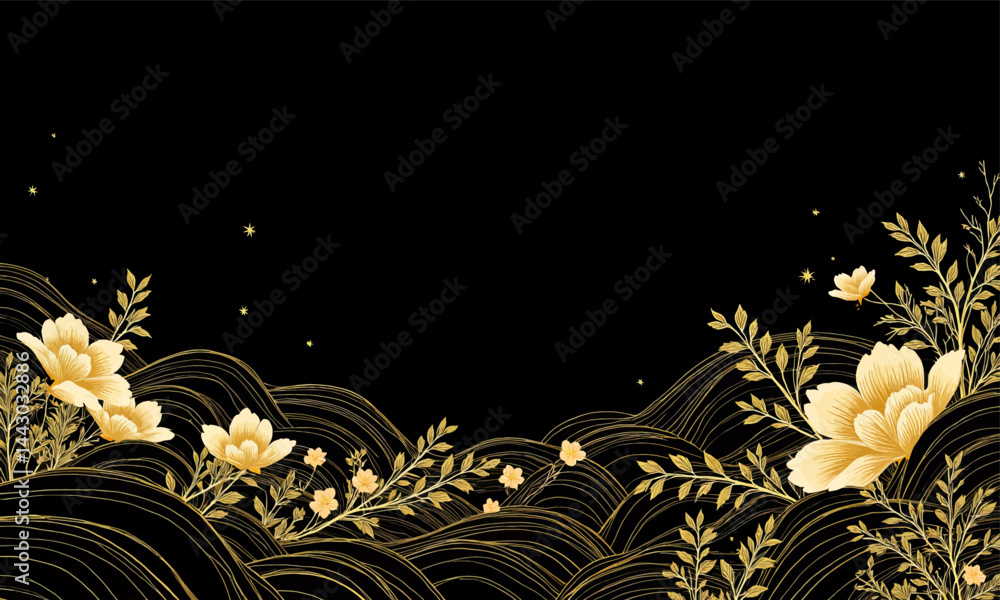 Golden Flowers and Hills on Black Background