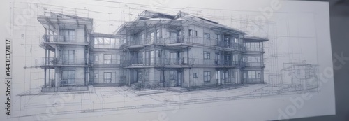 Blueprint effect applied to architectural drawings, creating a technical aesthetic ,  style,  art,  creative