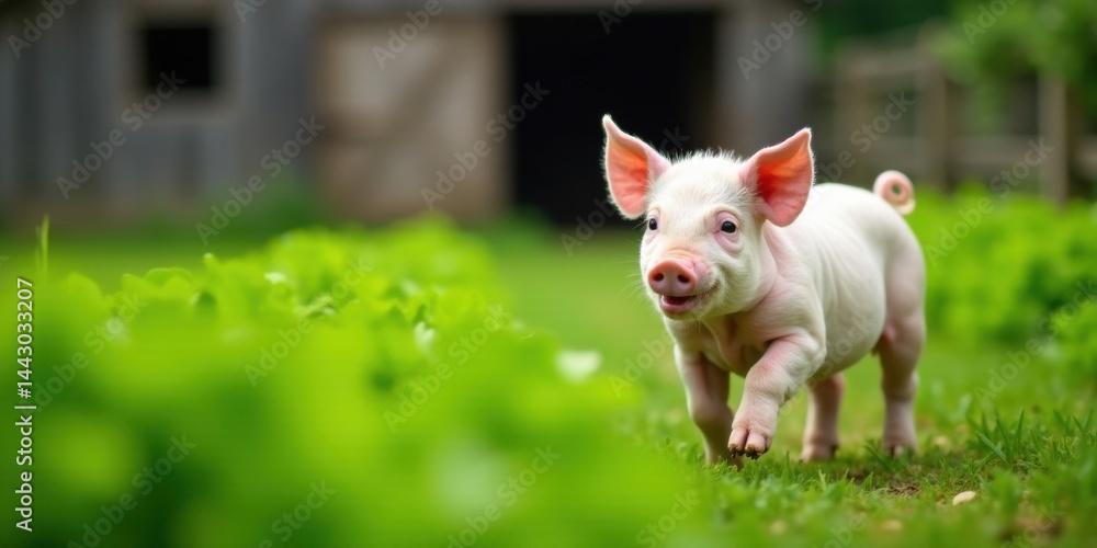 A playful pink piglet scampers through a vibrant green meadow, a symbol of youthful energy and rural charm. A playful pink piglet scampers through a vibrant green meadow, a symbol of youthful energy and rural charm.