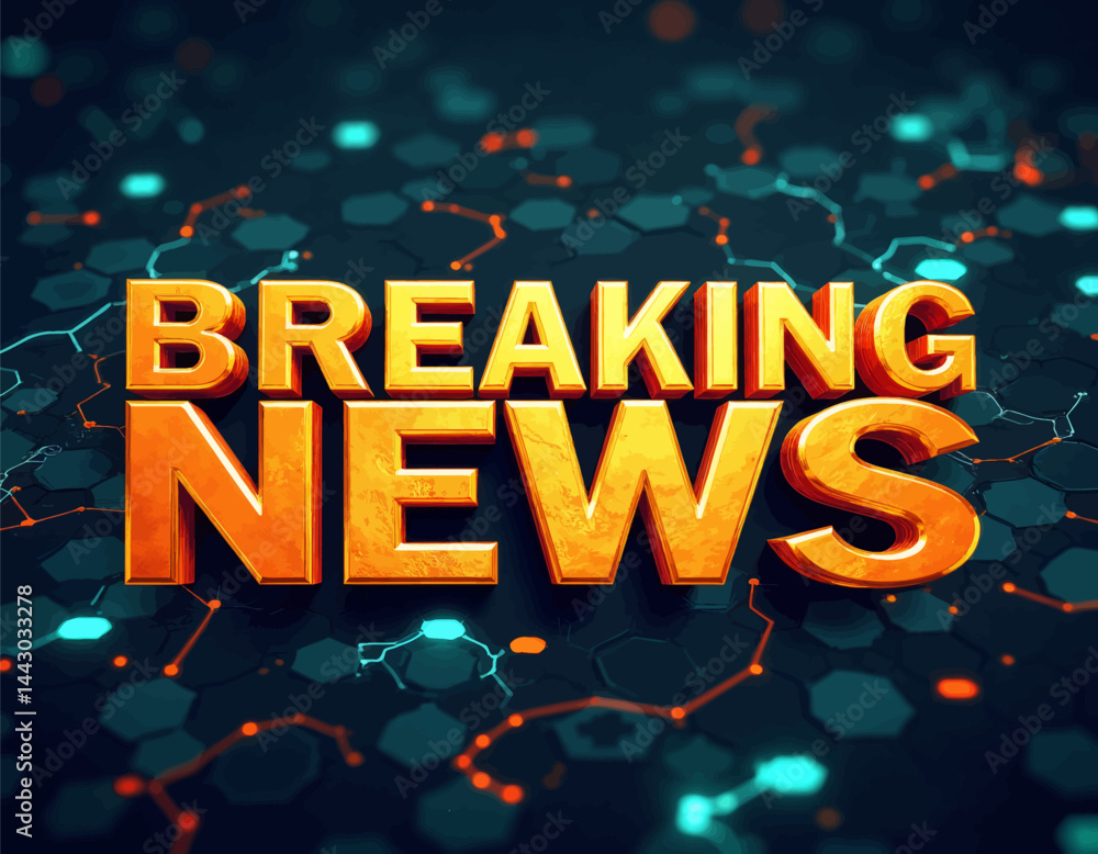 Golden Breaking News on Hexagonal Tech Background