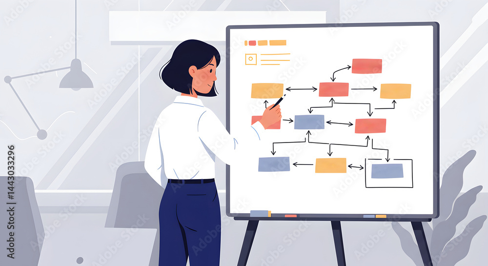 Businesswoman Presenting Data Flowchart on Whiteboard: Vector Illustration of Strategy, Planning, and Workflow Analysis in Modern Office Environment for Corporate Success Businesswoman Presenting Data Flowchart on Whiteboard: Vector Illustration of Strategy, Planning, and Workflow Analysis in Modern Office Environment for Corporate Success